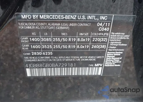 2011 Mercedes-Benz Ml 350 4Matic из США, поврежденный, VIN 4JGBB8GB0BA729181